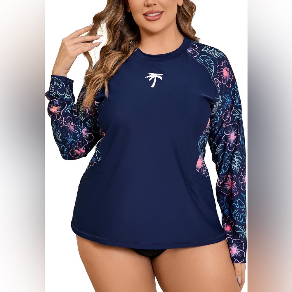 HALCURT Navy Blue Floral Crew Neck Long Sleeve Rashguard Beach Top - Size 2X